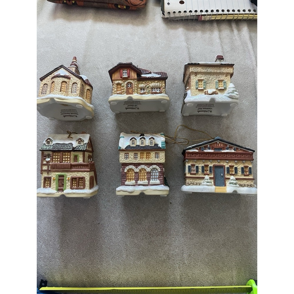 MJ Hummel Christmas Village House Ornaments Set of 6 Porcelain Figurines Glitter
